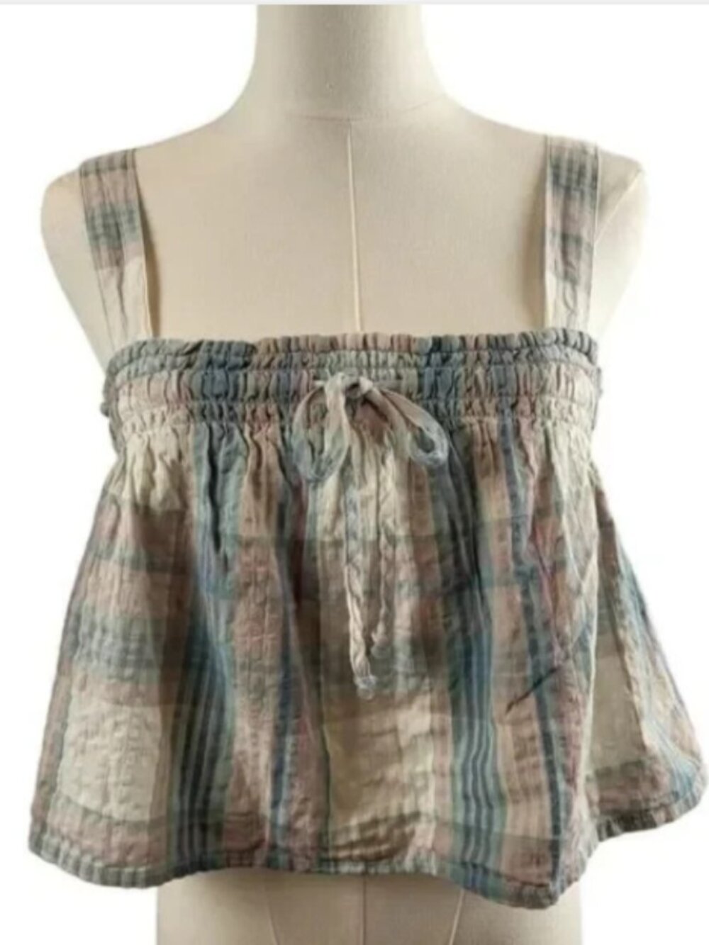 NEW American Eagle Outfitters X-Small Cotton Cropped Top Pink Blue Green Plaid - Picture 3 of 14